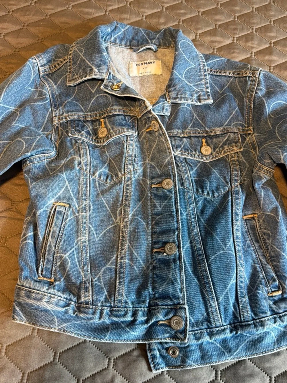 Old Navy Blue Denim Jacket with White Heart Print